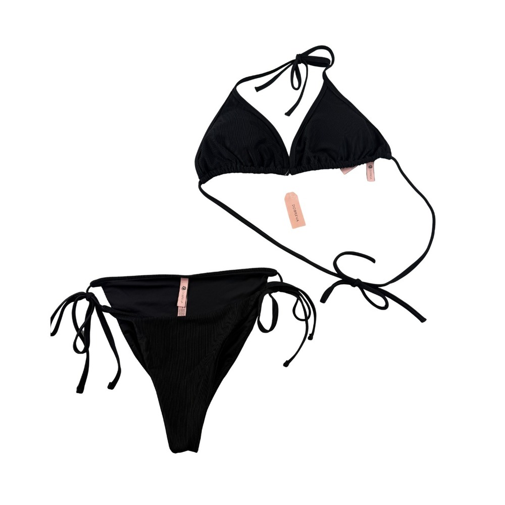 NWT Dobreva Black Ribbed Triangle Bikini Set Women's M 8-10 Tie Side Swim
